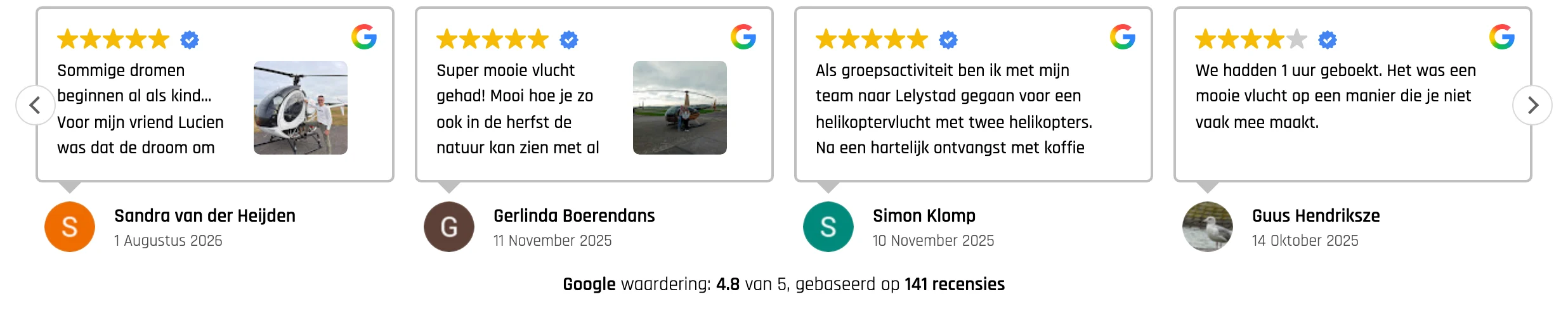 Reseñas de Google de 123Helikoptervluchten: 4,8 de 5 estrellas, 141 reseñas