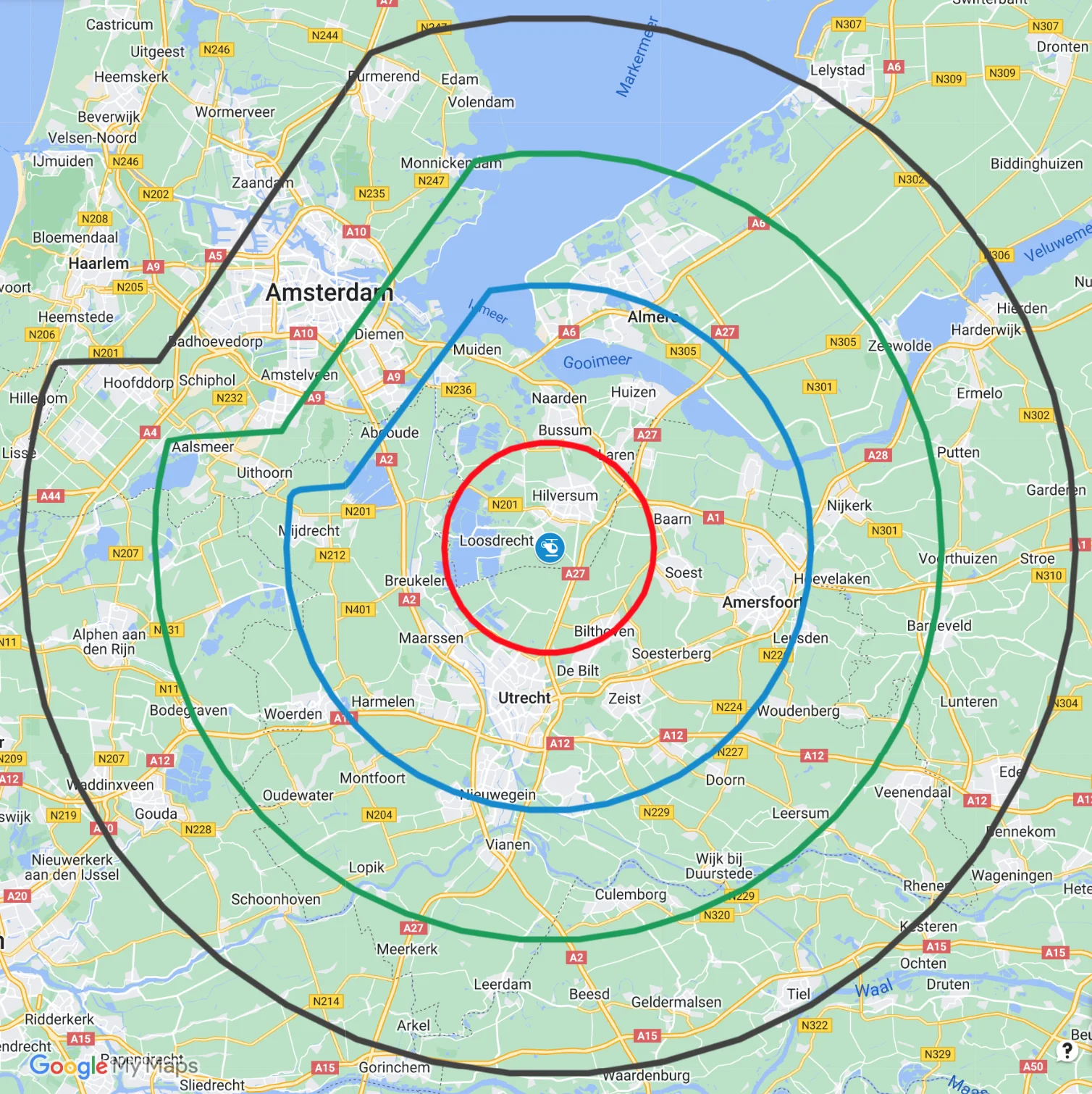 Kaart vliegtijden vliegveld Hilversum